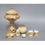 A Royal Worcester blush pedestal lidded vase, height 25cm and various miniature vases, bowls, etc.