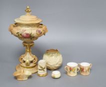 A Royal Worcester blush pedestal lidded vase, height 25cm and various miniature vases, bowls, etc.