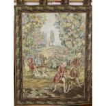 An Aubusson style machine woven hanging tapestry depicting a hunting party, with pole