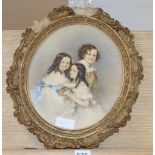 Victorian School, watercolour and pencil, Portrait of three children, indistinctly signed, 30 x