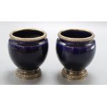 A pair of Risler & Carre silver mounted blue glazed squat vases, height 11cm