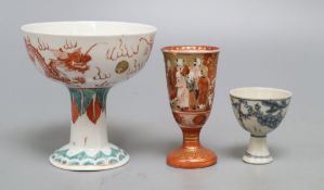 A Chinese Ming blue and white stem cup, a stem bowl and a Kutani cupCONDITION: The talles piece