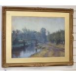 J. H. Vignoles Fisher (1864-1945), watercolour, Bargeman besides loch gates, signed, 52 x 69cm