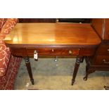 A George IV mahogany folding tea table with one drawer, W.101cm, D.50cm, H.76cm