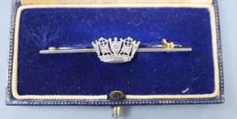 A 14ct, plat and diamond set coronet sweethearts bar brooch, 49mm, gross 3.7 grams, in Gieves box.