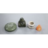 Two hardstone carvings of Buddha, an archer's ring and a box and cover
