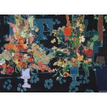 Roger Bezombes (1913-1994), printed fabric panel, Still life of flowers in urns, signed, unframed,