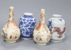 Two Satsuma bottle vases, miniature Chinese blue and white vase, Qianlong mark to base and a Chinese