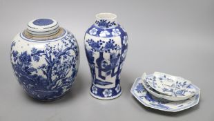 Chinese blue and white ceramics, four pieces including a jar and cover, a vase and two dishes