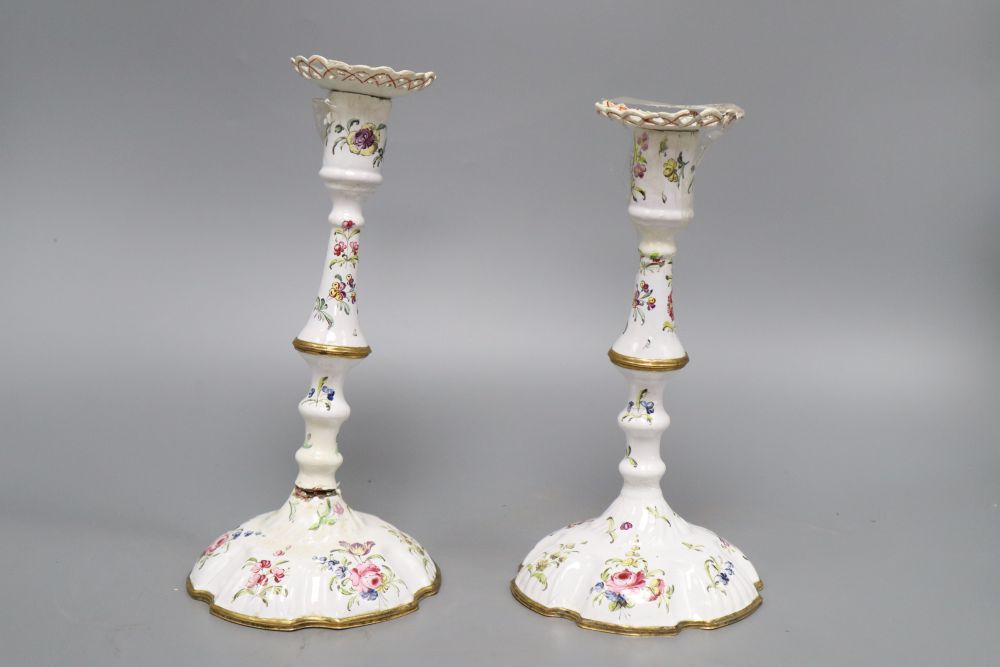A pair of late 18th century South Staffordshire enamelled candlesticks, height 24cm - Image 3 of 4