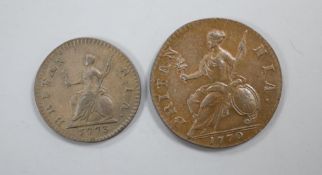A George III halfpenny, 1770, EF and a George III farthing, 1773, VF.