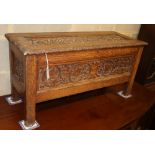 A late Victorian small carved oak coffer, W.89cm, D.34cm, H.43cm