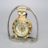 A late Victorian British United Clock Company brass and enamel 'horseshoe' desk timepiece with