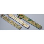 Three embroidered Chinese fan cases, one Kesi and woven with a tree, river and temple motifs,