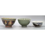 A Chinese celadon bowl, a Thai market famille rose bowl and a crackle glaze bowlCONDITION: The