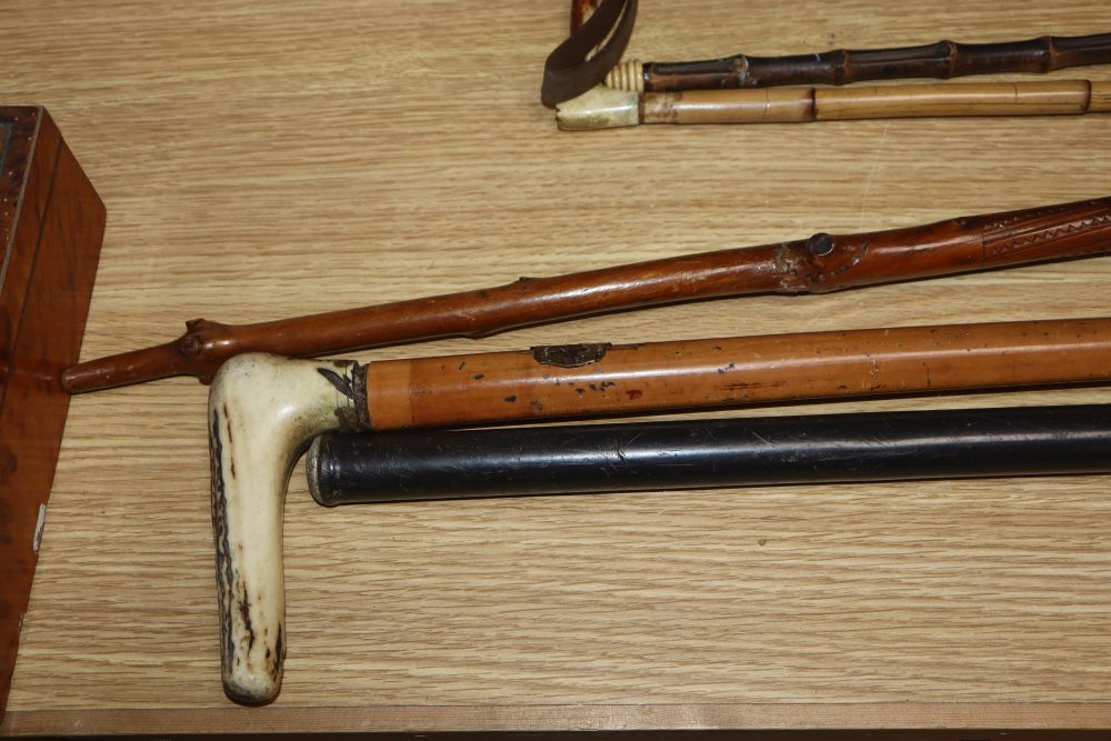 A European bone inlaid crossbow, two walking canes and three riding crops - Image 2 of 6