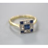 A 1920's 18ct and Pt, sapphire and diamond set tablet ring, size H, gross 2.3 grams.CONDITION: No