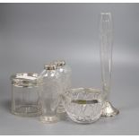 Five assorted silver mounted glass items, including vases, bowl and lidded jar, largest 25.7cm.