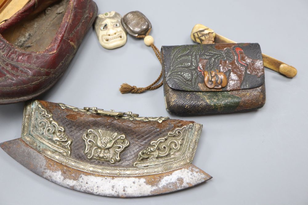 A Japanese ruyi sceptre okimono, together with a stamped leather tobacco pouch, a tinder strike, a - Image 2 of 5