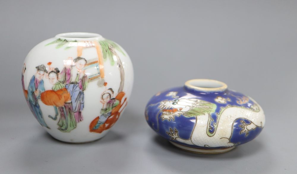 A minaiture Chinese famille rose vase, 6cm high and a blue ground brush washer