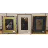 A portrait of a seated lady, signed 'Proverbs' and two other pastel portraits