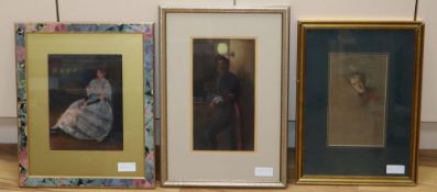 A portrait of a seated lady, signed 'Proverbs' and two other pastel portraits