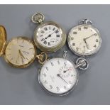 A chrome cased Omega stopwatch and three assorted pocket watches.