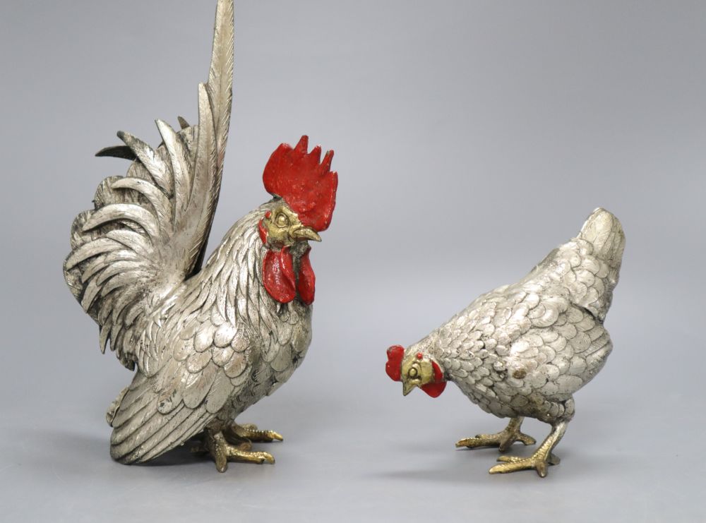 A pair of Japanese patinated metal chickens