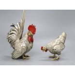 A pair of Japanese patinated metal chickens