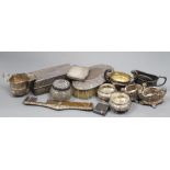 A two handled silver sugar bowl, a small jug, a repousse silver box and sundry small silver and