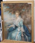 Laura Hope, pastel, Portrait of an 18th century lady seated beneath a tree, signed, 141 x 110cm