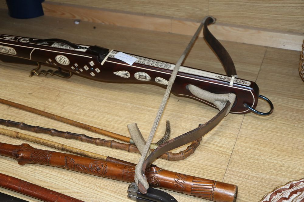 A European bone inlaid crossbow, two walking canes and three riding crops - Image 5 of 6