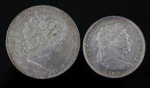 A George III silver crown, 1818, NEF and a George III silver half crown, 1816, EF.