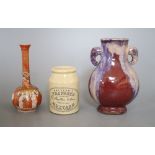 A Sang de Boeuf vase, a Kutani vase and a pottery mustard pot, tallest 16cm