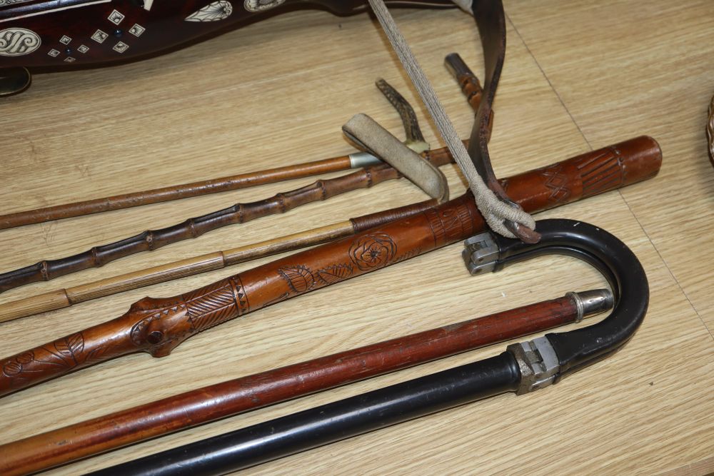 A European bone inlaid crossbow, two walking canes and three riding crops - Image 4 of 6