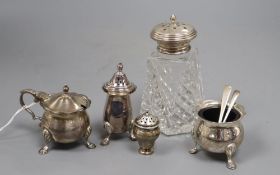 A modern silver three piece condiment set by Elkington & Co, one other silver condiment and a silver