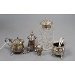 A modern silver three piece condiment set by Elkington & Co, one other silver condiment and a silver