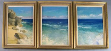 Paul Brown, set of three oils on canvas, Coastal landscape, one signed, each 74 x 49cm