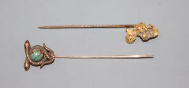 A 14k and turquoise set entwined serpent stick pin, 6cm, gross 2.4 grams and one other 'nugget'