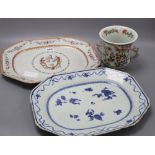 A Chinese two handled cup, height 14cm, a Qianlong blue and white dish and an armorial