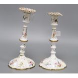 A pair of late 18th century South Staffordshire enamelled candlesticks, height 24cm