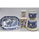 A Chinese blue and white meat dish, a Cantonese vase and another piece, tallest 24cmCONDITION: The