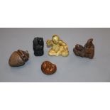 Three various netsuke and two other carvings