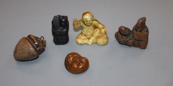 Three various netsuke and two other carvings