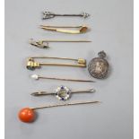 A Victorian rose cut diamond set jabot pin, three stick pins including 15ct & enamel flying duck,