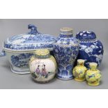 An 18th century Chinese blue and white tureen and cover, height 25cm, a Kangxi blue and white vase