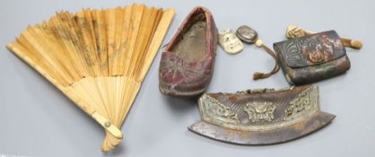 A Japanese ruyi sceptre okimono, together with a stamped leather tobacco pouch, a tinder strike, a