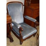 An early Victorian rosewood blue upholstered open armchair, W.72cm, D.80cm, H.102cm