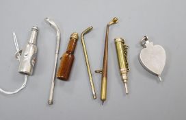 Six assorted novelty propelling pencils, including three golf clubs, one white metal by Sampson