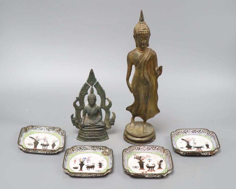 A 19th century bronze Thai standing figure, a Thai bronze seated figure and four Canton enamel